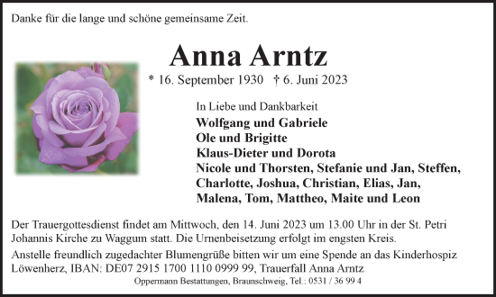 Traueranzeige von Anna Arntz von Braunschweiger Zeitung