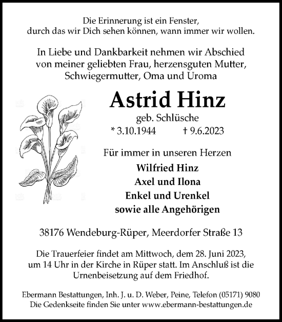 Traueranzeige von Astrid Hinz von Peiner Nachrichten