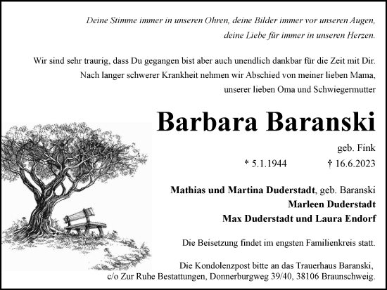 Traueranzeige von Barbara Baranski von Braunschweiger Zeitung, Salzgitter-Zeitung