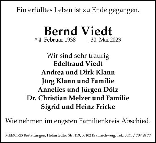 Traueranzeige von Bernd Viedt von Braunschweiger Zeitung