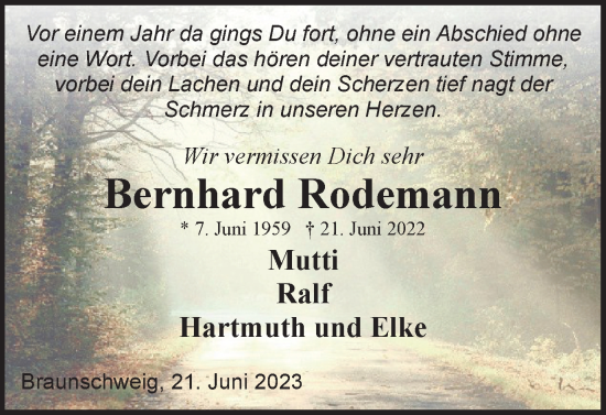 Traueranzeige von Bernhard Rodemann von Helmstedter Nachrichten