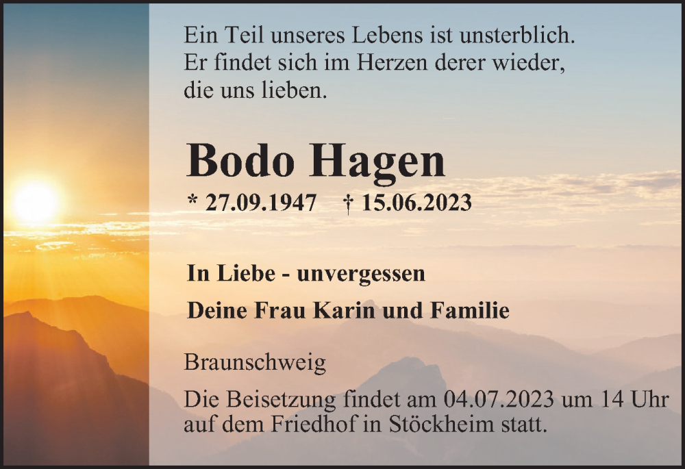  Traueranzeige für Bodo Hagen vom 24.06.2023 aus Braunschweiger Zeitung