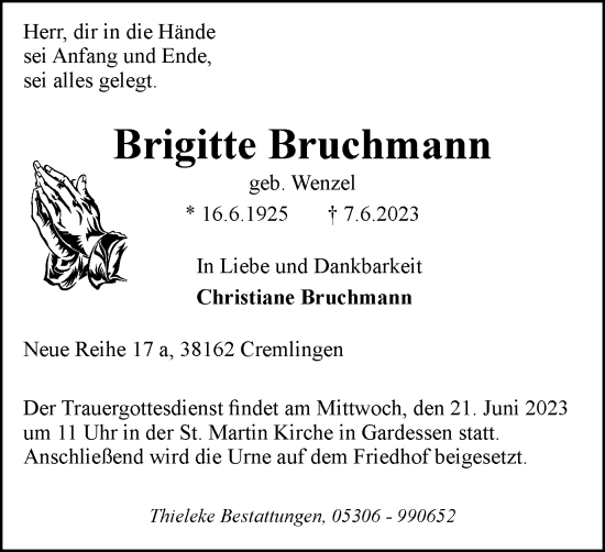 Traueranzeige von Brigitte Bruchmann von Wolfenbütteler Zeitung