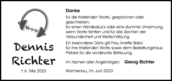 Traueranzeige von Dennis Richter von Wolfsburger Nachrichten