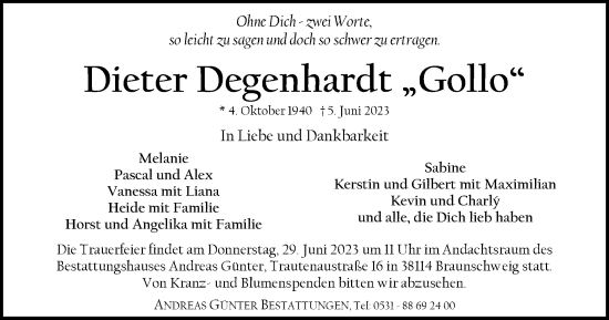 Traueranzeige von Dieter Degenhardt von Braunschweiger Zeitung