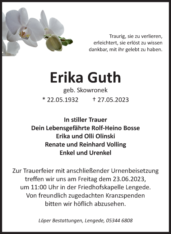 Traueranzeige von Erika Guth von Peiner Nachrichten