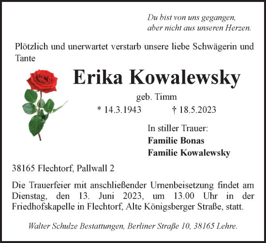 Traueranzeige von Erika Kowalewsky von Wolfsburger Nachrichten, Helmstedter Nachrichten