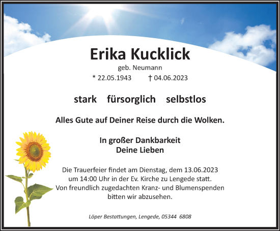 Traueranzeige von Erika Kucklick von Peiner Nachrichten