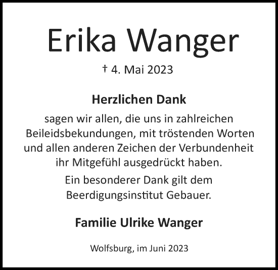 Traueranzeige von Erika Wanger von Wolfsburger Nachrichten