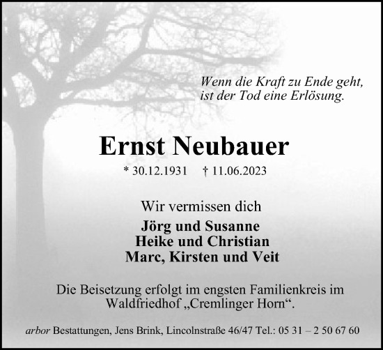 Traueranzeige von Ernst Neubauer von Braunschweiger Zeitung