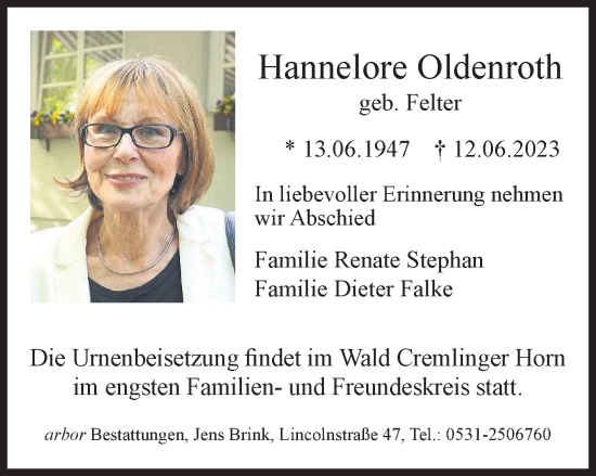 Traueranzeige von Hannelore Oldenroth von Braunschweiger Zeitung