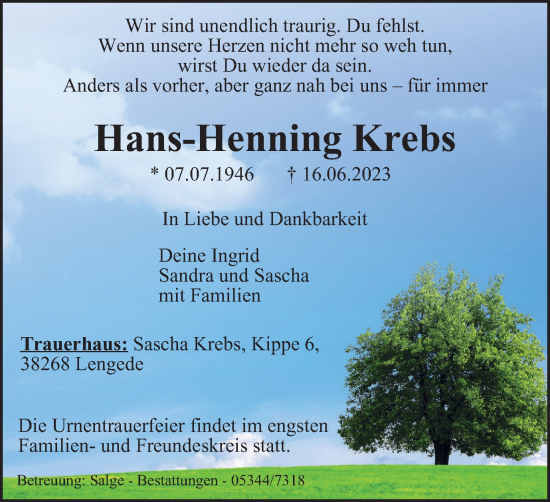 Traueranzeige von Hans-Henning Krebs von Peiner Nachrichten