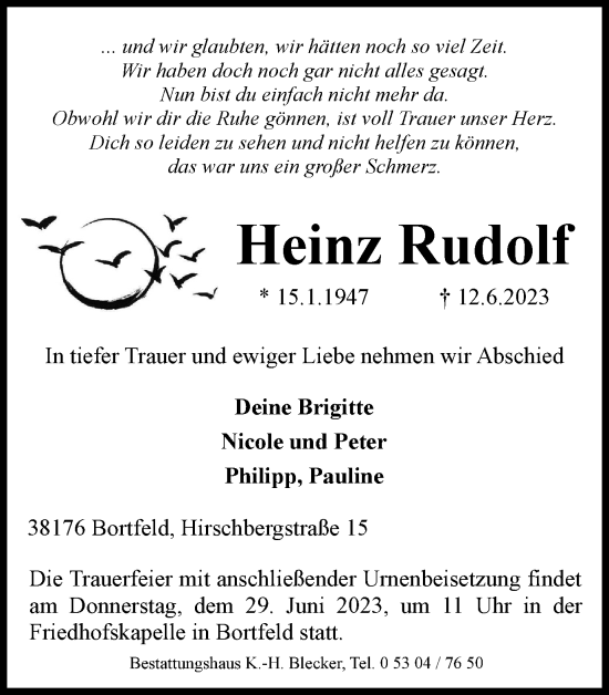 Traueranzeige von Heinz Rudolf von Braunschweiger Zeitung