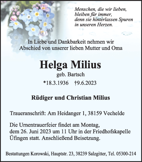 Traueranzeige von Helga Milius von Braunschweiger Zeitung