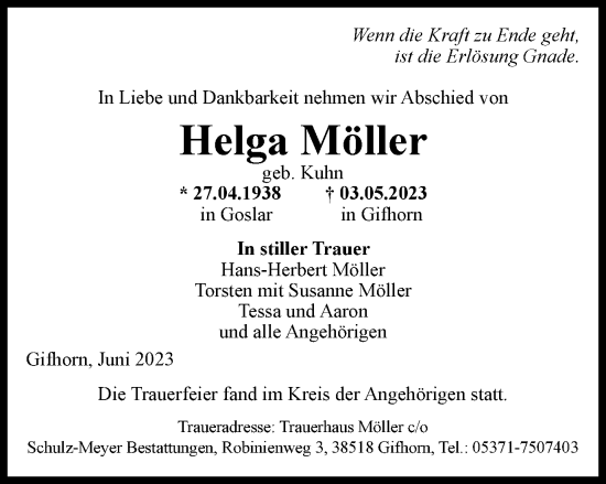 Traueranzeige von Helga Möller von Braunschweiger Zeitung