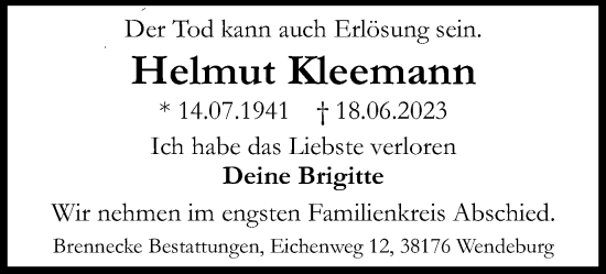 Traueranzeige von Helmut Kleemann von Peiner Nachrichten