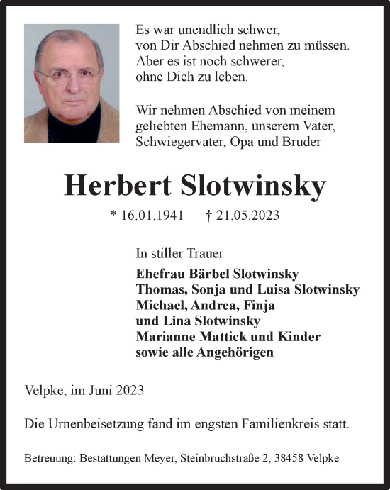 Traueranzeige von Herbert Slotwinsky von Wolfsburger Nachrichten