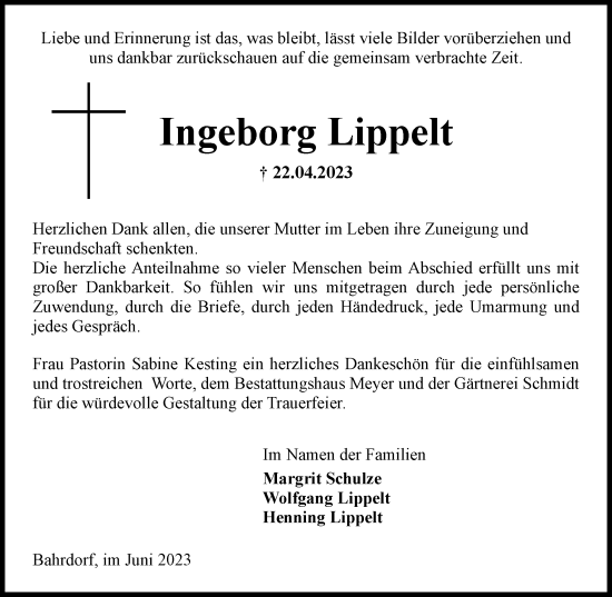 Traueranzeige von Ingeborg Lippelt von Helmstedter Nachrichten