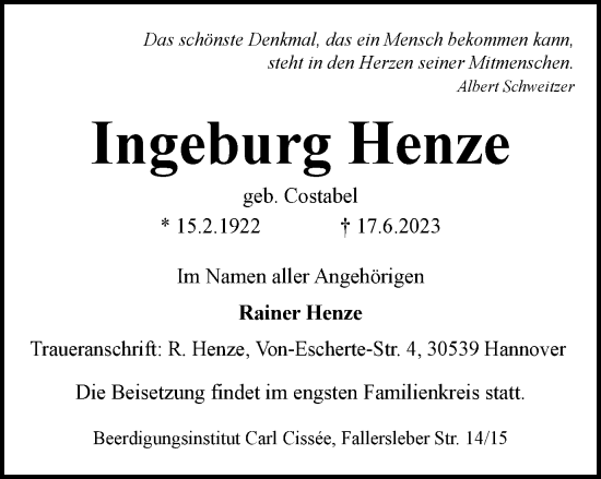 Traueranzeige von Ingeburg Henze von Braunschweiger Zeitung