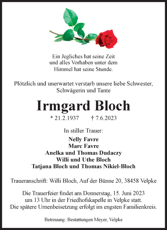 Traueranzeige von Irmgard Bloch von Wolfsburger Nachrichten