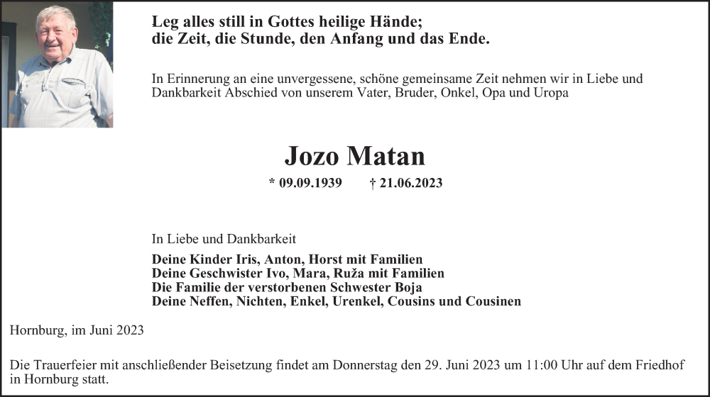  Traueranzeige für Jozo Matan vom 27.06.2023 aus Wolfenbütteler Zeitung