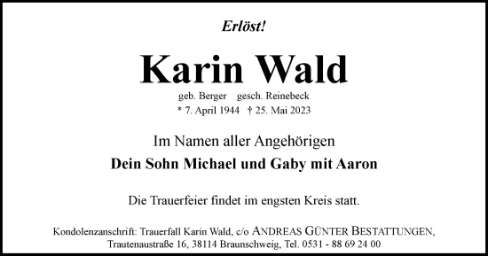 Traueranzeige von Karin Wald von Braunschweiger Zeitung