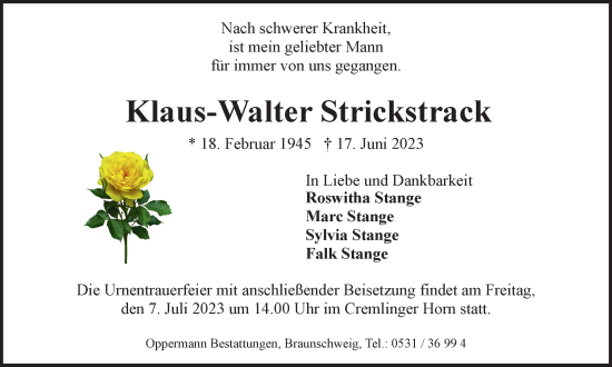 Traueranzeige von Klaus-Walter Strickstrack von Wolfenbütteler Zeitung