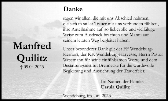 Traueranzeige von Manfred Quilitz von Peiner Nachrichten