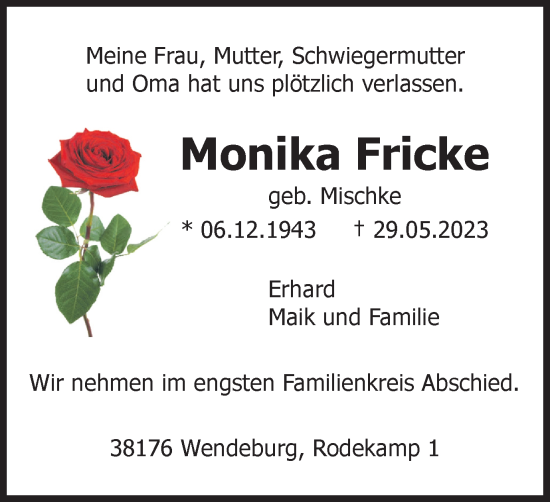 Traueranzeige von Monika Fricke von Peiner Nachrichten