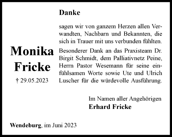 Traueranzeige von Monika Fricke von Peiner Nachrichten