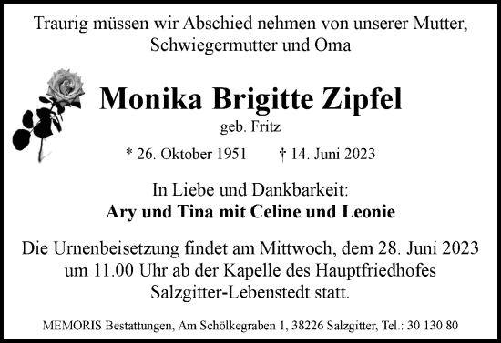 Traueranzeige von Monika Brigitte Zipfel von Salzgitter-Zeitung