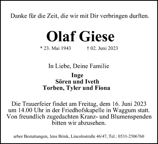 Traueranzeige von Olaf Giese von Braunschweiger Zeitung