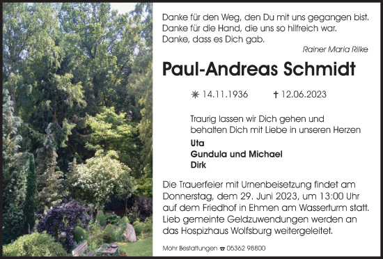 Traueranzeige von Paul-Andreas Schmidt von Wolfsburger Nachrichten