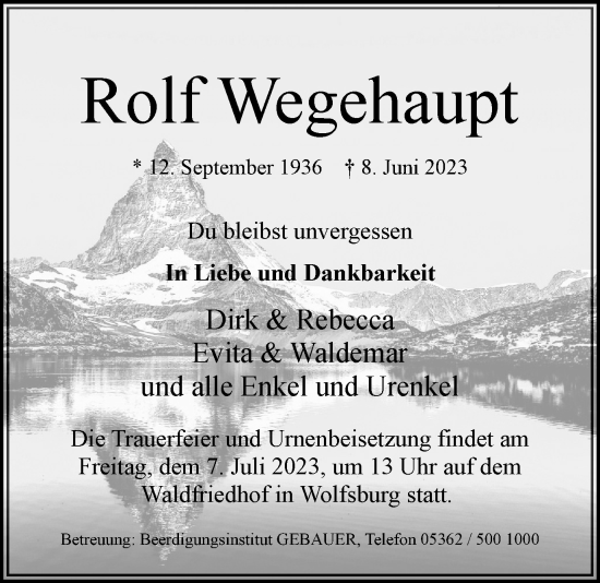 Traueranzeige von Rolf Wegehaupt von Wolfsburger Nachrichten