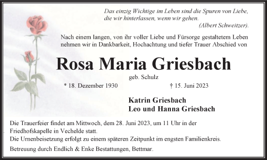 Traueranzeige von Rosa Maria Griesbach von Braunschweiger Zeitung