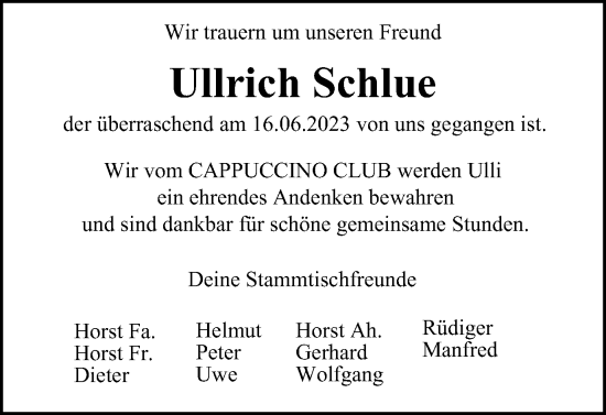 Traueranzeige von Ullrich Schlue von Peiner Nachrichten