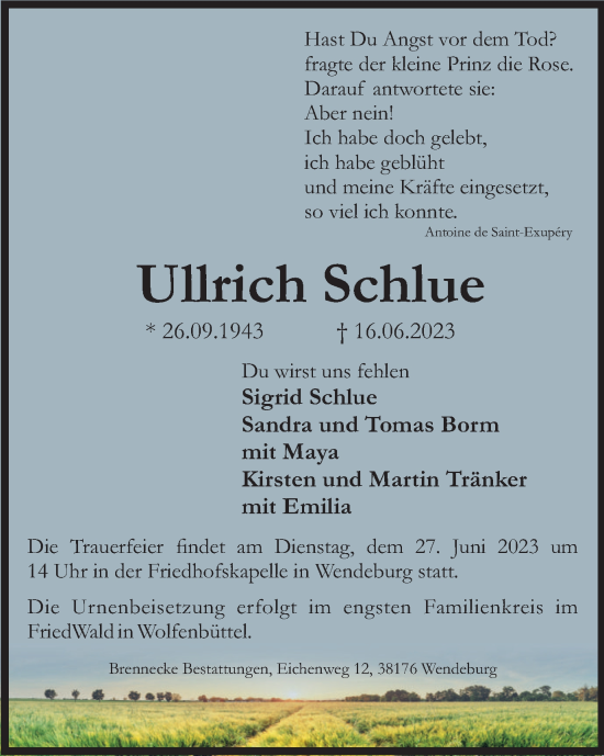 Traueranzeige von Ullrich Schlue von Braunschweiger Zeitung