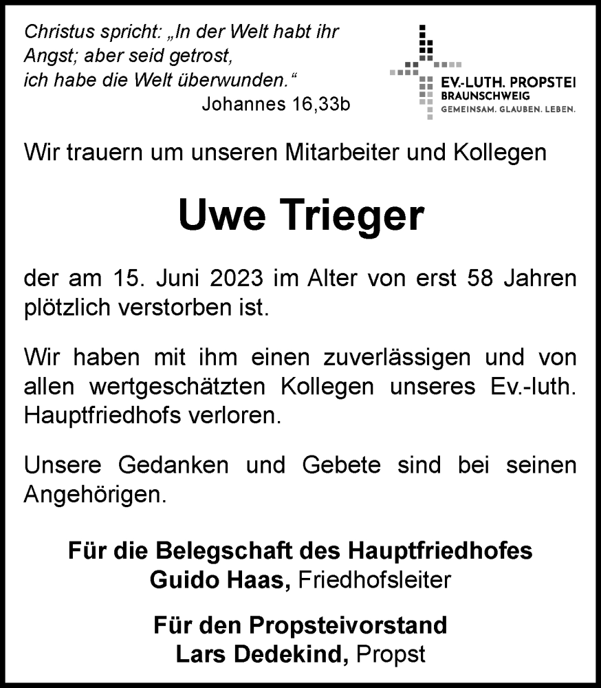  Traueranzeige für Uwe Trieger vom 23.06.2023 aus Braunschweiger Zeitung