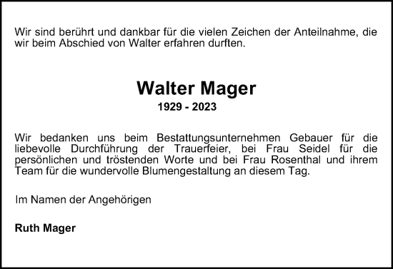 Traueranzeige von Walter Mager von Wolfsburger Nachrichten