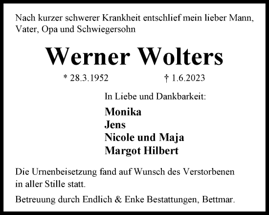 Traueranzeige von Werner Wolters von Peiner Nachrichten