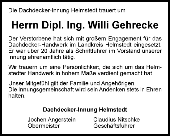 Traueranzeige von Willi Gehrecke von Helmstedter Nachrichten