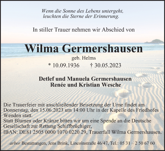 Traueranzeige von Wilma Germershausen von Braunschweiger Zeitung