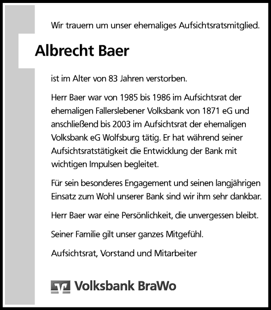 Traueranzeige von Albrecht Baer von Wolfsburger Nachrichten