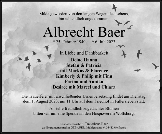 Traueranzeige von Albrecht Baer von Wolfsburger Nachrichten