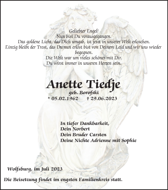 Traueranzeige von Anette Tiedje von Wolfsburger Nachrichten