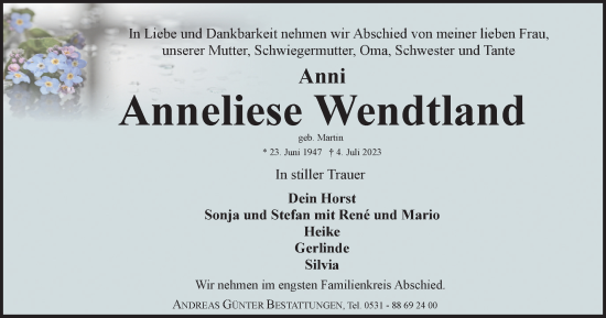 Traueranzeige von Anneliese Wendtland von Braunschweiger Zeitung