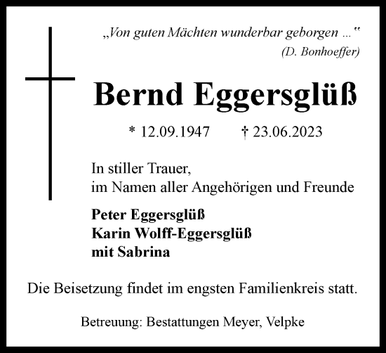 Traueranzeige von Bernd Eggersglüß von Helmstedter Nachrichten