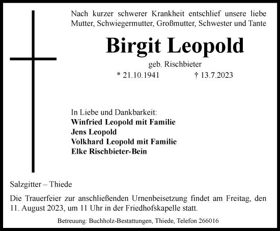 Traueranzeige von Birgit Leopold von Salzgitter-Zeitung