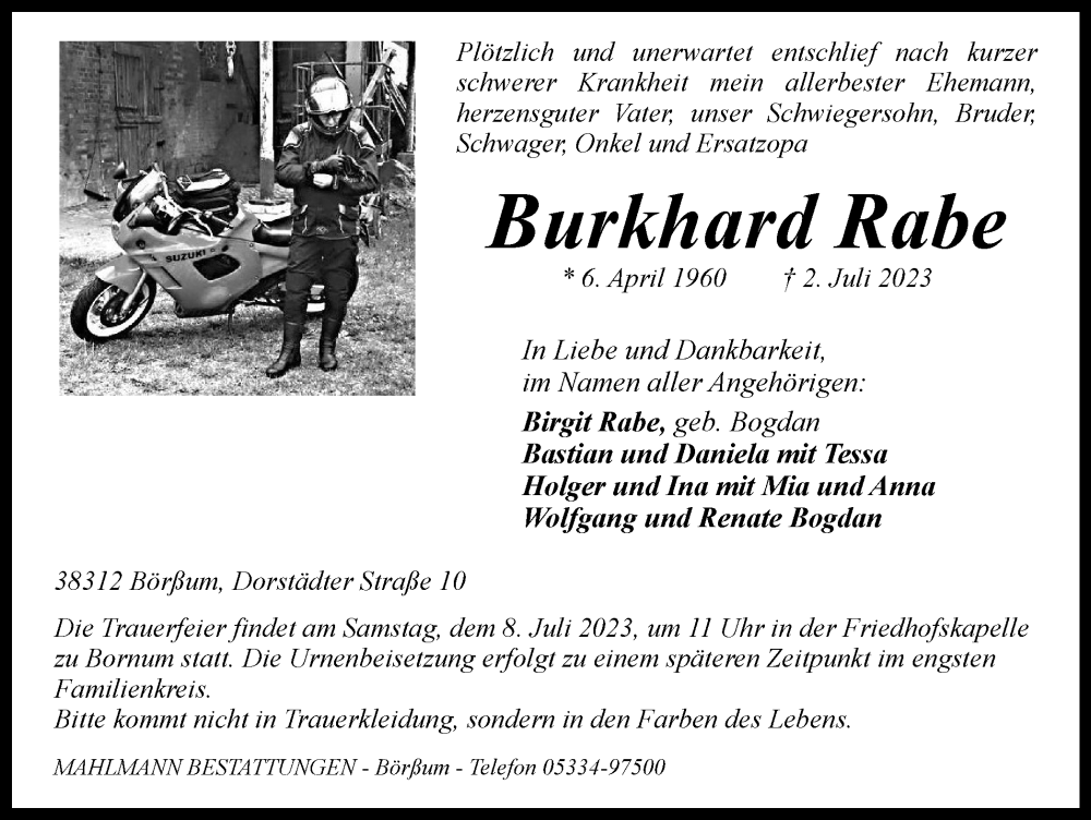  Traueranzeige für Burkhard Rabe vom 05.07.2023 aus Wolfenbütteler Zeitung