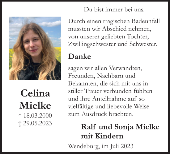 Traueranzeige von Celina Mielke von Peiner Nachrichten